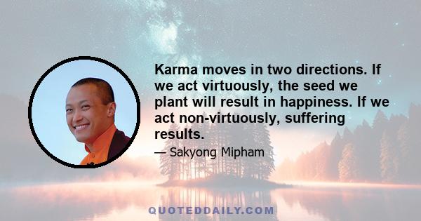 Karma moves in two directions. If we act virtuously, the seed we plant will result in happiness. If we act non-virtuously, suffering results.