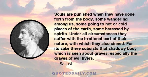 Souls are punished when they have gone forth from the body, some wandering among us, some going to hot or cold places of the earth, some harassed by spirits. Under all circumstances they suffer with the irrational part