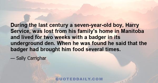 During the last century a seven-year-old boy, Harry Service, was lost from his family's home in Manitoba and lived for two weeks with a badger in its underground den. When he was found he said that the badger had