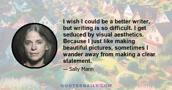 I wish I could be a better writer, but writing is so difficult. I get seduced by visual aesthetics. Because I just like making beautiful pictures, sometimes I wander away from making a clear statement.