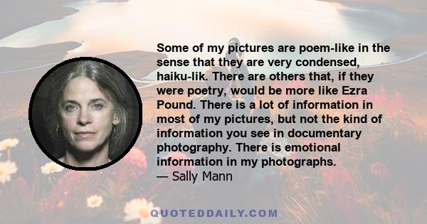 Some of my pictures are poem-like in the sense that they are very condensed, haiku-lik. There are others that, if they were poetry, would be more like Ezra Pound. There is a lot of information in most of my pictures,