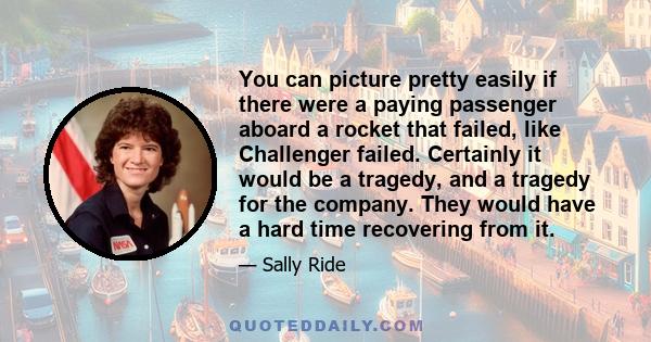 You can picture pretty easily if there were a paying passenger aboard a rocket that failed, like Challenger failed. Certainly it would be a tragedy, and a tragedy for the company. They would have a hard time recovering