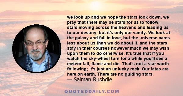 we look up and we hope the stars look down, we pray that there may be stars for us to follow, stars moving across the heavens and leading us to our destiny, but it's only our vanity. We look at the galaxy and fall in