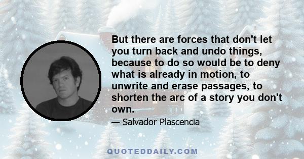 But there are forces that don't let you turn back and undo things, because to do so would be to deny what is already in motion, to unwrite and erase passages, to shorten the arc of a story you don't own.