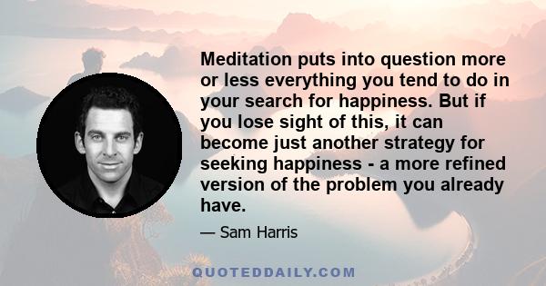 Meditation puts into question more or less everything you tend to do in your search for happiness. But if you lose sight of this, it can become just another strategy for seeking happiness - a more refined version of the 