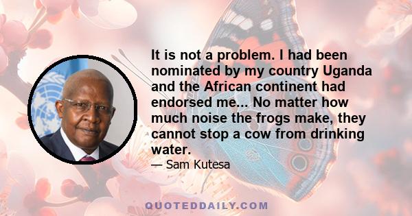 It is not a problem. I had been nominated by my country Uganda and the African continent had endorsed me... No matter how much noise the frogs make, they cannot stop a cow from drinking water.