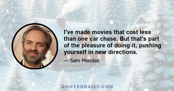 I've made movies that cost less than one car chase. But that's part of the pleasure of doing it, pushing yourself in new directions.