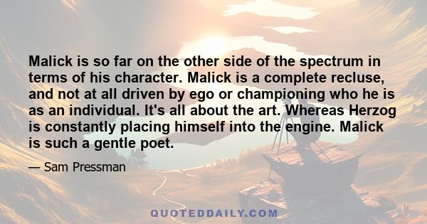 Malick is so far on the other side of the spectrum in terms of his character. Malick is a complete recluse, and not at all driven by ego or championing who he is as an individual. It's all about the art. Whereas Herzog