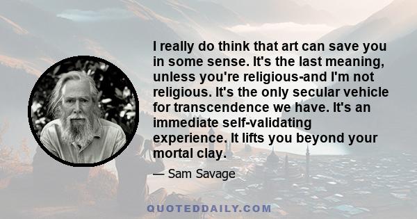 I really do think that art can save you in some sense. It's the last meaning, unless you're religious-and I'm not religious. It's the only secular vehicle for transcendence we have. It's an immediate self-validating