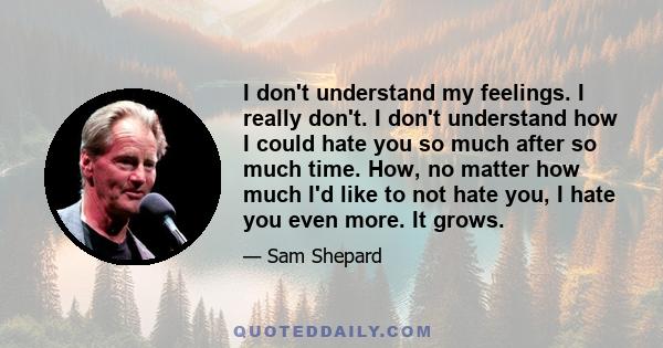 I don't understand my feelings. I really don't. I don't understand how I could hate you so much after so much time. How, no matter how much I'd like to not hate you, I hate you even more. It grows.