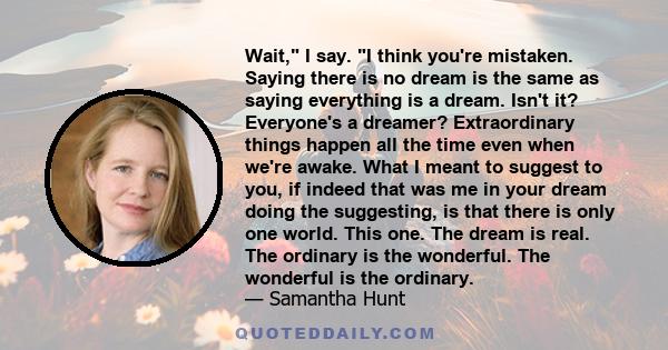 Wait, I say. I think you're mistaken. Saying there is no dream is the same as saying everything is a dream. Isn't it? Everyone's a dreamer? Extraordinary things happen all the time even when we're awake. What I meant to 