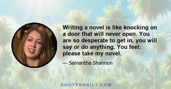 Writing a novel is like knocking on a door that will never open. You are so desperate to get in, you will say or do anything. You feel: please take my novel.