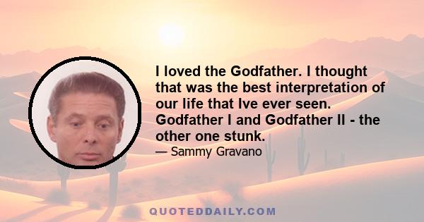 I loved the Godfather. I thought that was the best interpretation of our life that Ive ever seen. Godfather I and Godfather II - the other one stunk.