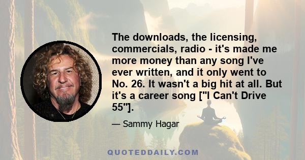 The downloads, the licensing, commercials, radio - it's made me more money than any song I've ever written, and it only went to No. 26. It wasn't a big hit at all. But it's a career song [I Can't Drive 55].