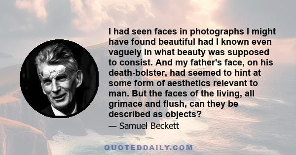 I had seen faces in photographs I might have found beautiful had I known even vaguely in what beauty was supposed to consist. And my father's face, on his death-bolster, had seemed to hint at some form of aesthetics