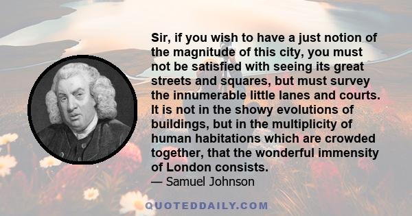 Sir, if you wish to have a just notion of the magnitude of this city, you must not be satisfied with seeing its great streets and squares, but must survey the innumerable little lanes and courts. It is not in the showy