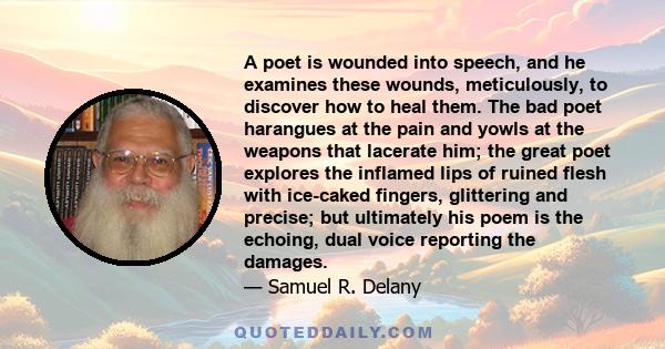 A poet is wounded into speech, and he examines these wounds, meticulously, to discover how to heal them. The bad poet harangues at the pain and yowls at the weapons that lacerate him; the great poet explores the