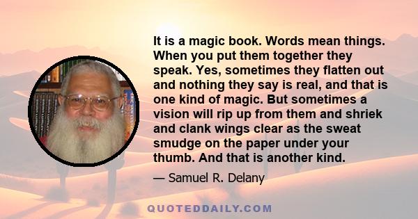 It is a magic book. Words mean things. When you put them together they speak. Yes, sometimes they flatten out and nothing they say is real, and that is one kind of magic. But sometimes a vision will rip up from them and 