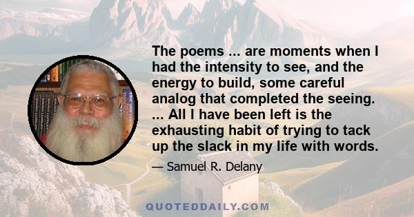 The poems ... are moments when I had the intensity to see, and the energy to build, some careful analog that completed the seeing. ... All I have been left is the exhausting habit of trying to tack up the slack in my