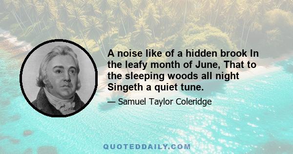 A noise like of a hidden brook In the leafy month of June, That to the sleeping woods all night Singeth a quiet tune.