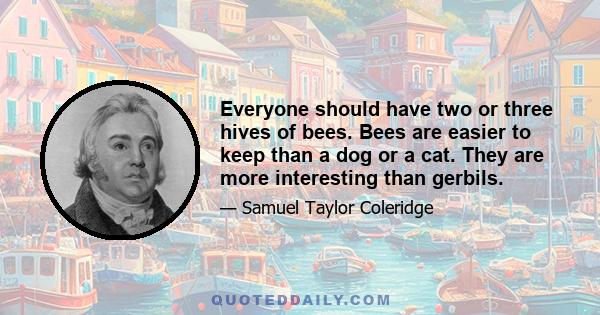 Everyone should have two or three hives of bees. Bees are easier to keep than a dog or a cat. They are more interesting than gerbils.