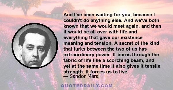 And I've been waiting for you, because I couldn't do anything else. And we've both known that we would meet again, and then it would be all over with life and everything that gave our existence meaning and tension. A