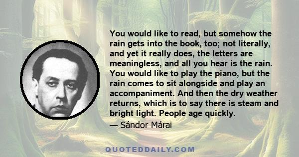 You would like to read, but somehow the rain gets into the book, too; not literally, and yet it really does, the letters are meaningless, and all you hear is the rain. You would like to play the piano, but the rain