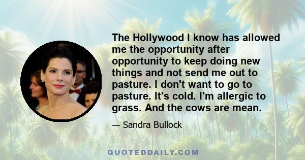 The Hollywood I know has allowed me the opportunity after opportunity to keep doing new things and not send me out to pasture. I don't want to go to pasture. It's cold. I'm allergic to grass. And the cows are mean.