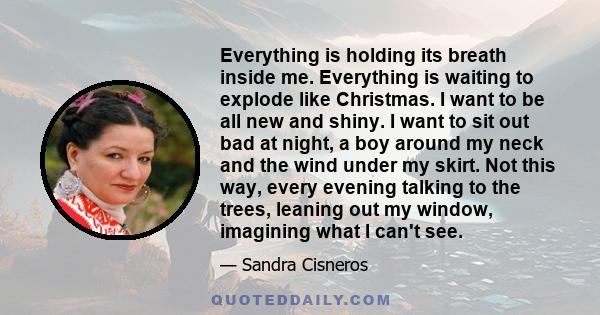 Everything is holding its breath inside me. Everything is waiting to explode like Christmas. I want to be all new and shiny. I want to sit out bad at night, a boy around my neck and the wind under my skirt. Not this