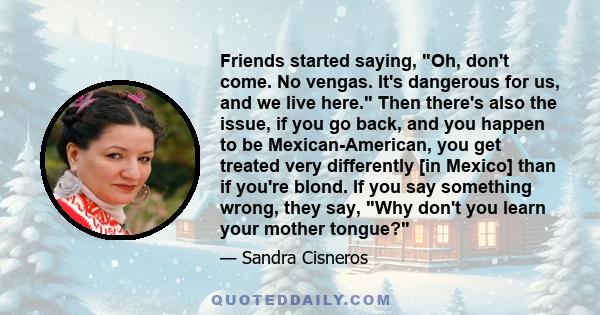 Friends started saying, Oh, don't come. No vengas. It's dangerous for us, and we live here. Then there's also the issue, if you go back, and you happen to be Mexican-American, you get treated very differently [in