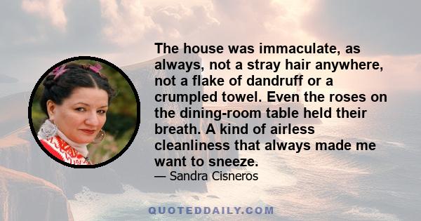 The house was immaculate, as always, not a stray hair anywhere, not a flake of dandruff or a crumpled towel. Even the roses on the dining-room table held their breath. A kind of airless cleanliness that always made me