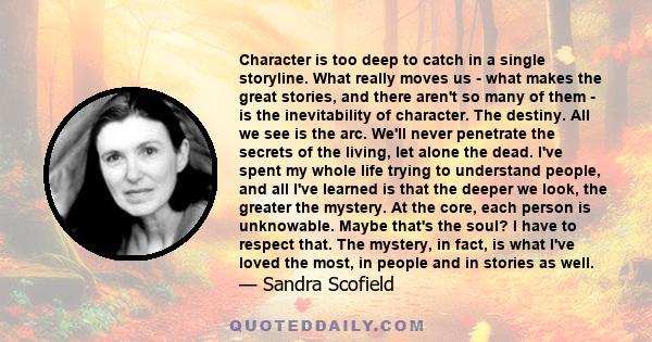 Character is too deep to catch in a single storyline. What really moves us - what makes the great stories, and there aren't so many of them - is the inevitability of character. The destiny. All we see is the arc. We'll