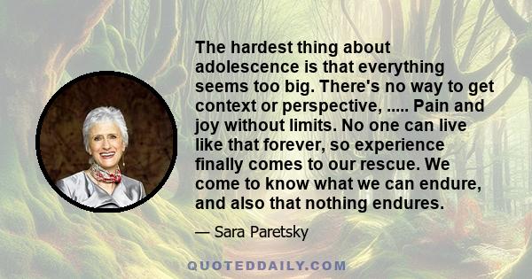 The hardest thing about adolescence is that everything seems too big. There's no way to get context or perspective, ..... Pain and joy without limits. No one can live like that forever, so experience finally comes to