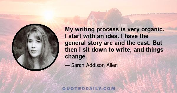 My writing process is very organic. I start with an idea. I have the general story arc and the cast. But then I sit down to write, and things change.