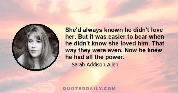 She'd always known he didn't love her. But it was easier to bear when he didn't know she loved him. That way they were even. Now he knew he had all the power.