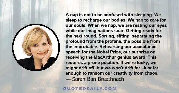 A nap is not to be confused with sleeping. We sleep to recharge our bodies. We nap to care for our souls. When we nap, we are resting our eyes while our imaginations soar. Getting ready for the next round. Sorting,