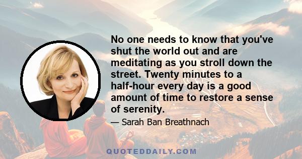 No one needs to know that you've shut the world out and are meditating as you stroll down the street. Twenty minutes to a half-hour every day is a good amount of time to restore a sense of serenity.