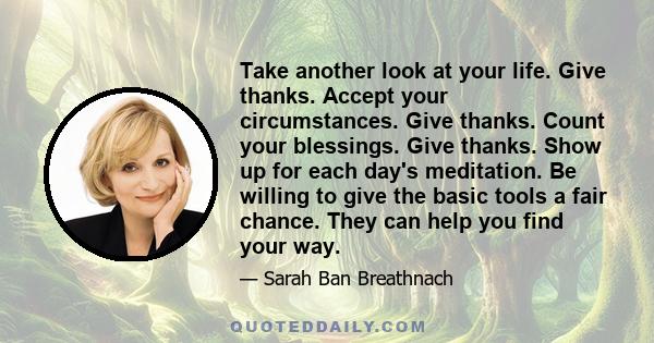 Take another look at your life. Give thanks. Accept your circumstances. Give thanks. Count your blessings. Give thanks. Show up for each day's meditation. Be willing to give the basic tools a fair chance. They can help