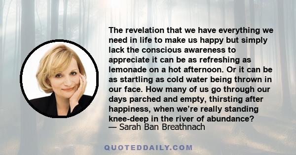 The revelation that we have everything we need in life to make us happy but simply lack the conscious awareness to appreciate it can be as refreshing as lemonade on a hot afternoon. Or it can be as startling as cold