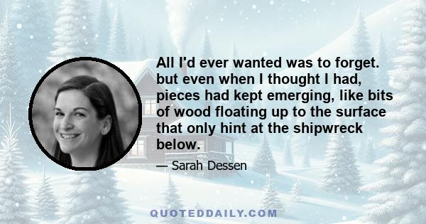 All I'd ever wanted was to forget. but even when I thought I had, pieces had kept emerging, like bits of wood floating up to the surface that only hint at the shipwreck below.