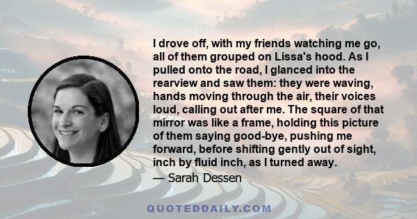 I drove off, with my friends watching me go, all of them grouped on Lissa's hood. As I pulled onto the road, I glanced into the rearview and saw them: they were waving, hands moving through the air, their voices loud,