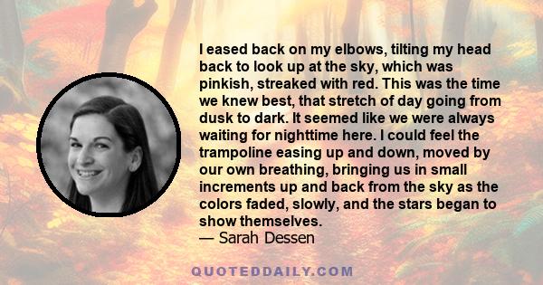 I eased back on my elbows, tilting my head back to look up at the sky, which was pinkish, streaked with red. This was the time we knew best, that stretch of day going from dusk to dark. It seemed like we were always