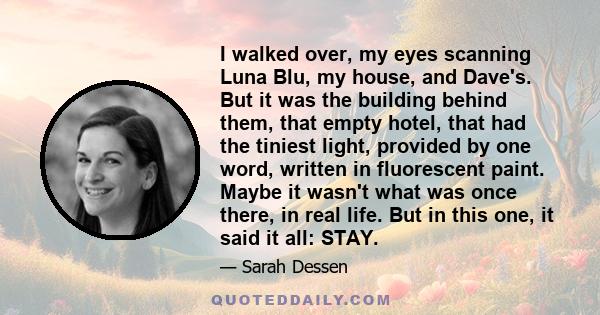 I walked over, my eyes scanning Luna Blu, my house, and Dave's. But it was the building behind them, that empty hotel, that had the tiniest light, provided by one word, written in fluorescent paint. Maybe it wasn't what 