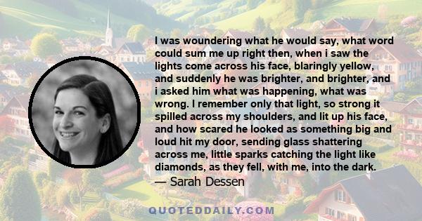 I was woundering what he would say, what word could sum me up right then, when i saw the lights come across his face, blaringly yellow, and suddenly he was brighter, and brighter, and i asked him what was happening,