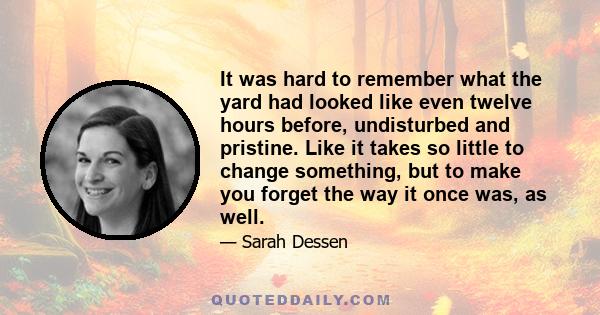 It was hard to remember what the yard had looked like even twelve hours before, undisturbed and pristine. Like it takes so little to change something, but to make you forget the way it once was, as well.