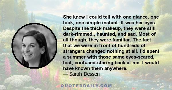 She knew I could tell with one glance, one look, one simple instant. It was her eyes. Despite the thick makeup, they were still dark-rimmed., haunted, and sad. Most of all though, they were familiar. The fact that we