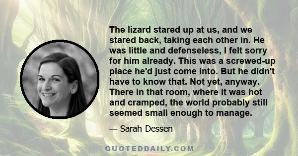 The lizard stared up at us, and we stared back, taking each other in. He was little and defenseless, I felt sorry for him already. This was a screwed-up place he'd just come into. But he didn't have to know that. Not