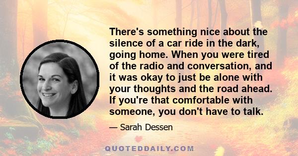 There's something nice about the silence of a car ride in the dark, going home. When you were tired of the radio and conversation, and it was okay to just be alone with your thoughts and the road ahead. If you're that