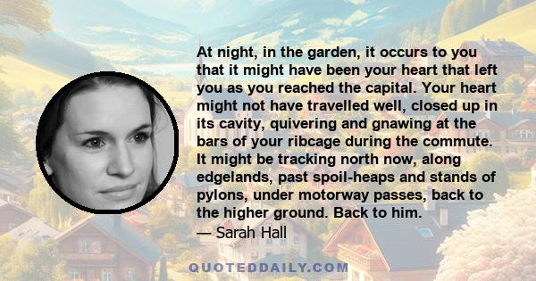 At night, in the garden, it occurs to you that it might have been your heart that left you as you reached the capital. Your heart might not have travelled well, closed up in its cavity, quivering and gnawing at the bars 