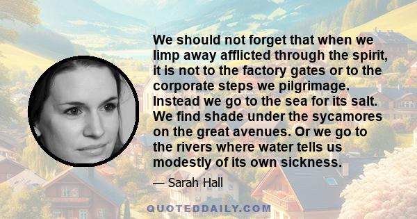 We should not forget that when we limp away afflicted through the spirit, it is not to the factory gates or to the corporate steps we pilgrimage. Instead we go to the sea for its salt. We find shade under the sycamores